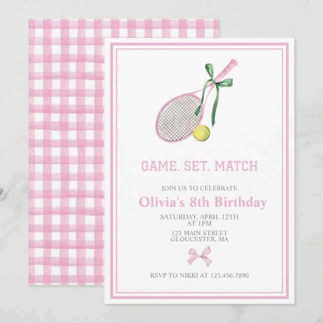 Tennis preppy plaid invitation d'anniversaire (Devant / Derrière)