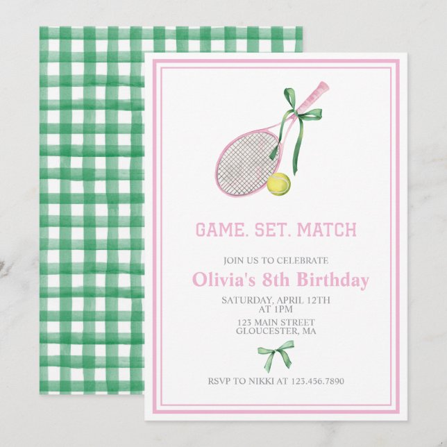 Tennis preppy plaid invitation d'anniversaire (Devant / Derrière)