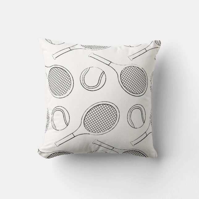 Tennis racket and ball black in on white throw pillow (Front)
