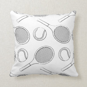 Tennis racket and ball black in on white throw pillow