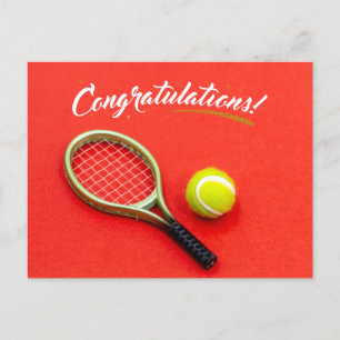 Tennis racket and ball  congratulations  on red  postcard