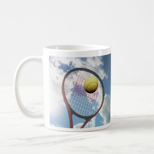 Tennis Racket and Ball in th Air, Blue Cloudy Sky Coffee Mug (Left)