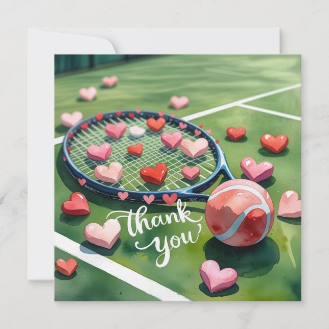 Tennis racket and ball with love red heart thank you card (Front)