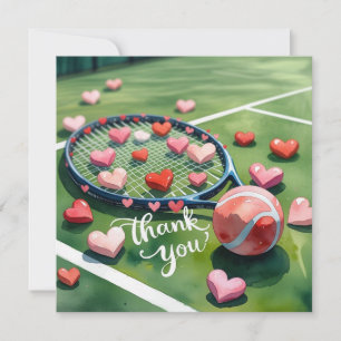 Tennis racket and ball with love red heart thank you card