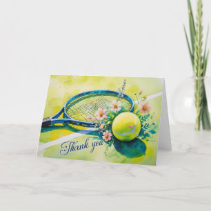 Tennis racket and ball with love red heart thank you card