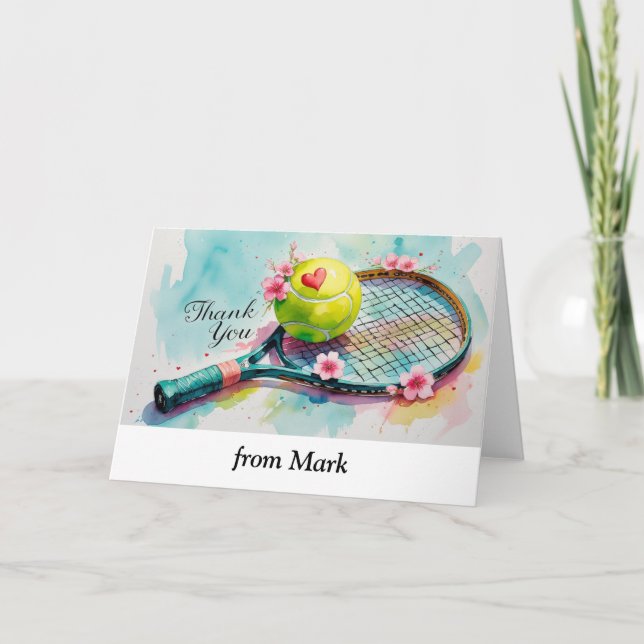 Tennis racket and ball with love red heart thank you card (Front)
