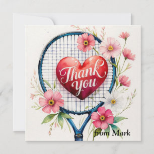 Tennis racket and ball with love red heart thank you card
