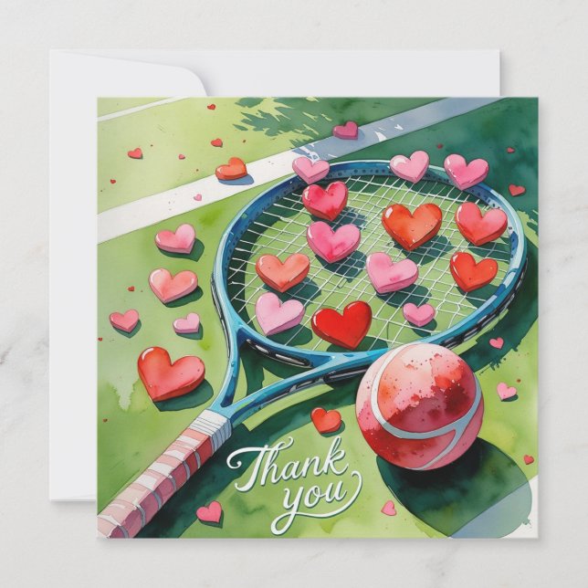 Tennis racket and ball with love red hearts thank you card (Front)