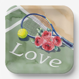 Tennis racket and ball with word LOVE on court Paper Plate