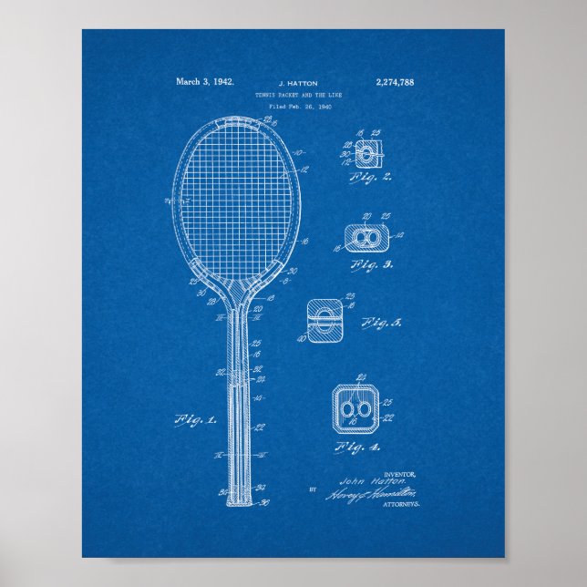 Tennis Racket And The Like Patent - Blueprint Poster (Front)