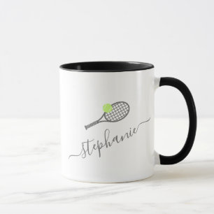 Tennis Racket Ball Grey Personalized Script Name  Mug