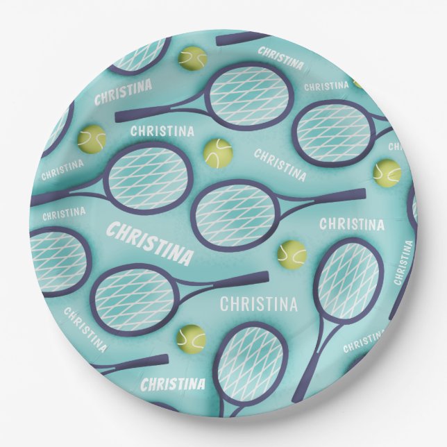 Tennis Racket Ball & Kids Girls Name Pattern Blue  Paper Plate (Front)