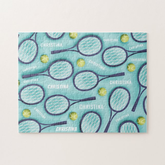 Tennis Racket Ball & Kids Name Pattern Cute Sport Jigsaw Puzzle (Horizontal)