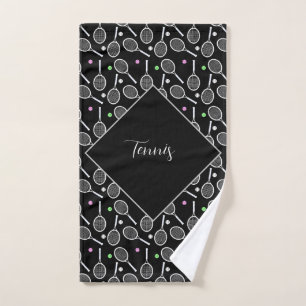 Tennis Racket & Ball Pattern Black Personalized Hand Towel