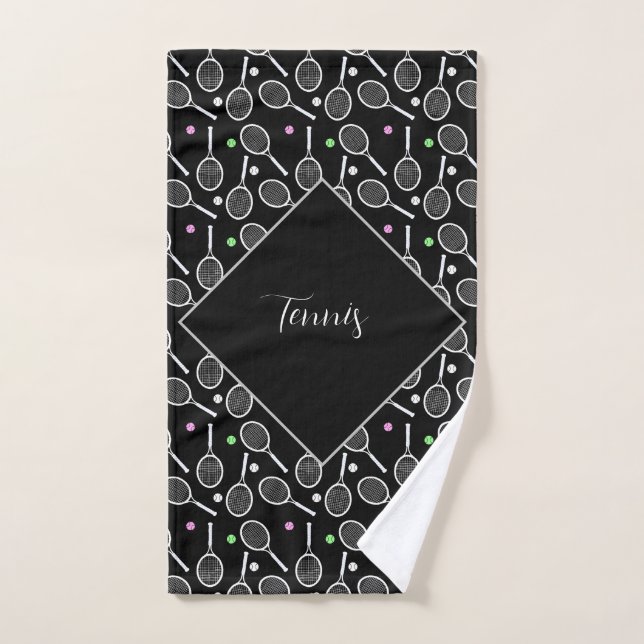 Tennis Racket & Ball Pattern Black Personalized Hand Towel (Hand Towel)