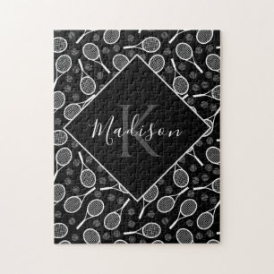 Tennis Racket Ball Pattern Initial & Name Monogram Jigsaw Puzzle