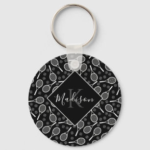 Tennis Racket Ball Pattern Initial & Name Monogram Keychain
