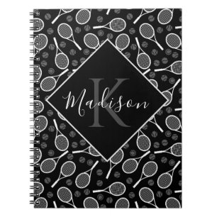 Tennis Racket Ball Pattern Initial & Name Monogram Notebook