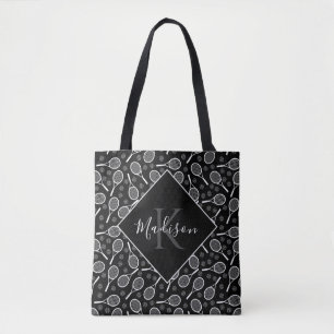 Tennis Racket Ball Pattern Initial & Name Monogram Tote Bag