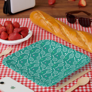 Tennis Racket & Ball Pattern Retro Emerald Green Paper Plate