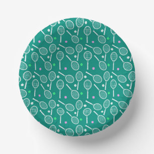 Tennis Racket & Ball Pattern Retro Emerald Green Paper Plate