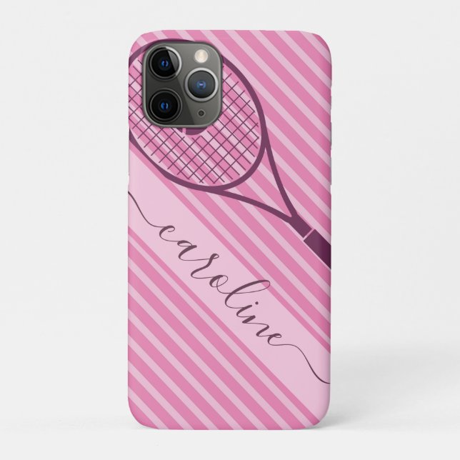 Tennis Racket Girl's Name Pink Striped Cute Sports Case-Mate iPhone Case (Back)