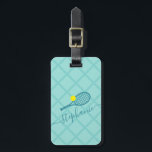 Tennis Racket Monogram Teal Travel Luggage Tag<br><div class="desc">Teal blue turquoise personalized luggage tag travel ID with a tennis racket monogram in an elegant and cute calligraphy script font with a subtle net pattern background.</div>