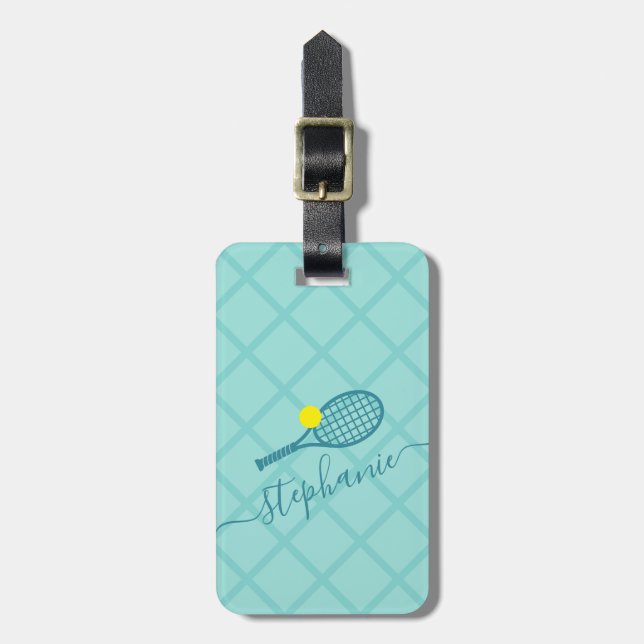 Tennis Racket Monogram Teal Travel Luggage Tag (Front Vertical)