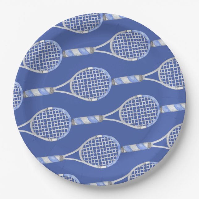 Tennis racket on blue background party paper plate (Front)