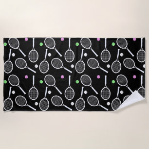 Tennis Racket Pattern Black Background Beach Towel
