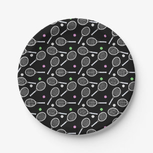 Tennis Racket Pattern Black Background Paper Plate