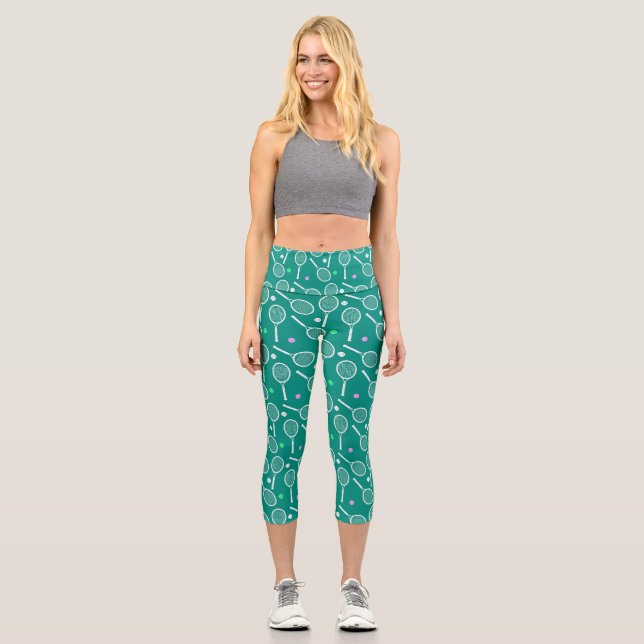 Tennis Racket Pattern Green  Capri Leggings (Front)