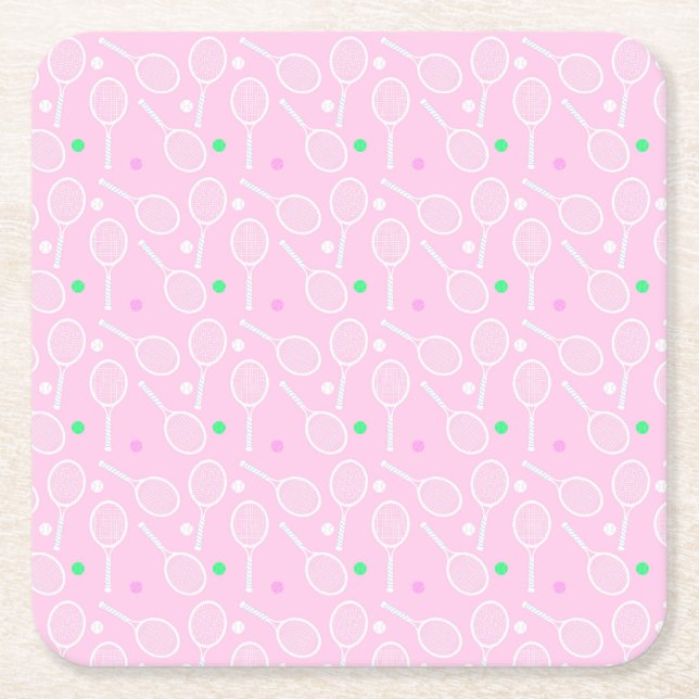 Tennis Racket Pattern Pastel Pink Party   Square Paper Coaster (Front)