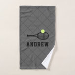 Tennis Racket Personalized Grey Sport Hand Towel<br><div class="desc">Grey and black personalized tennis design kitchen or sports bag towel with a bold and sporty masculine monogram,  name,  or custom text and tennis racket and ball icon with a faded net pattern background.</div>