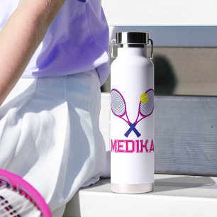 Tennis racket pink blue white yellow personalized water bottle