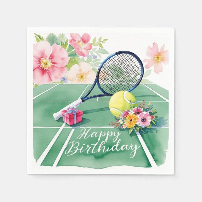 Tennis racket with ball and flowers birthday Party Napkin (Front)