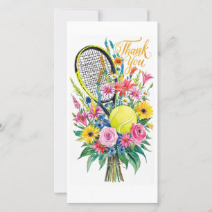 Tennis racket with ball and flowers watercolor thank you card