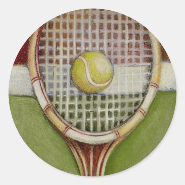Tennis Racket with Ball Laying on Court Classic Round Sticker (Front)
