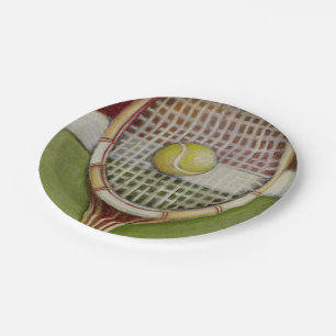 Tennis Racket with Ball Laying on Court Paper Plate