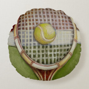 Tennis Racket with Ball Laying on Court Round Pillow