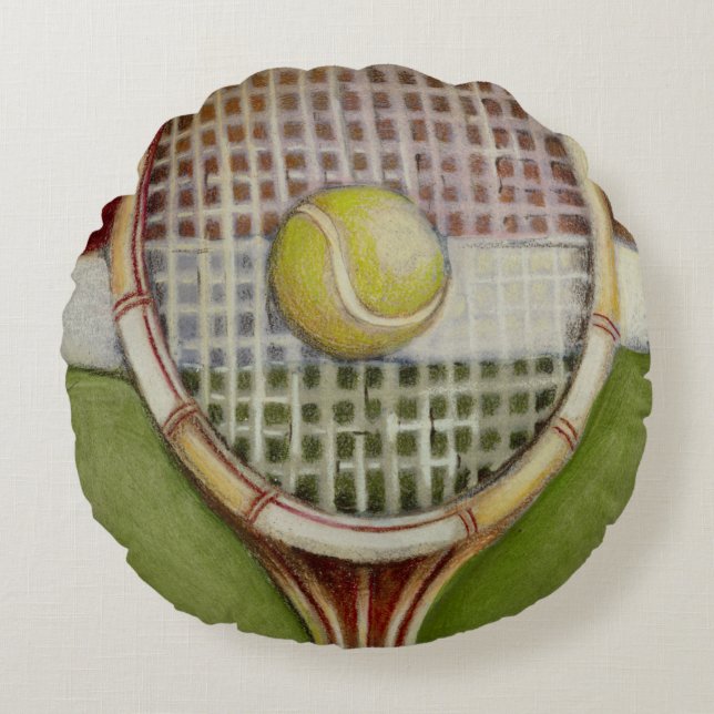 Tennis Racket with Ball Laying on Court Round Pillow (Front)