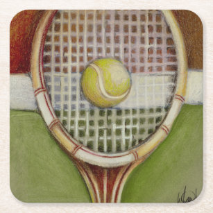 Tennis Racket with Ball Laying on Court Square Paper Coaster