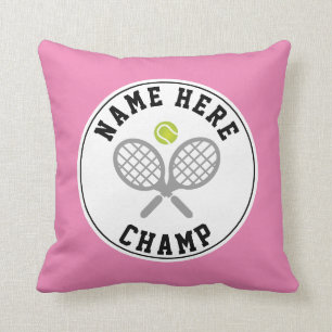 Tennis rackets and ball champ and player name pink throw pillow