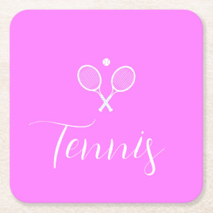 Tennis Rackets and Ball Deep Pink Square Paper Coaster