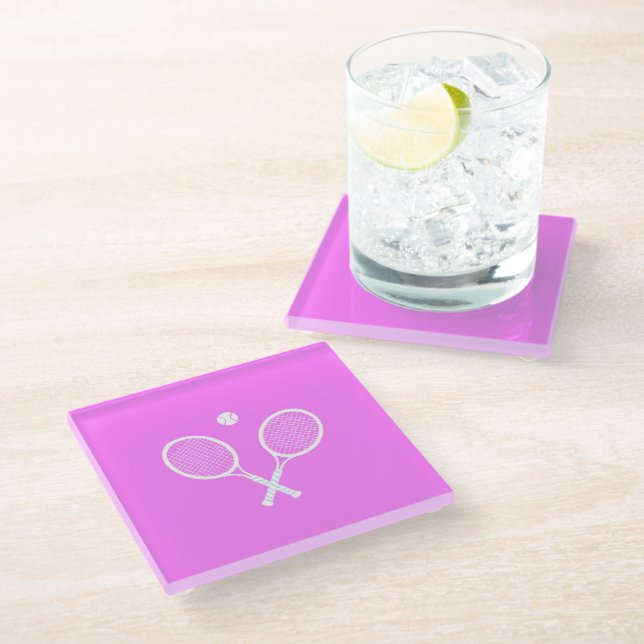 Tennis Rackets and Ball Party Pink  Glass Coaster (Angled)