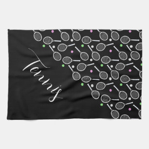 Tennis Rackets and Balls Black Personalized   Kitchen Towel