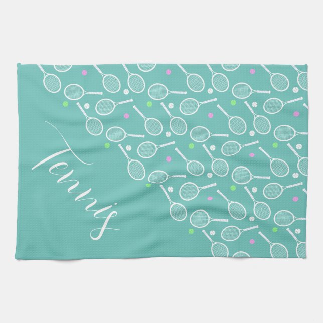 Tennis Rackets and Balls Dusty Green  Kitchen Towel (Horizontal)