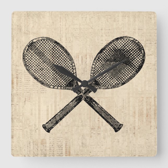 Tennis Rackets Antique Tennis Racquet Script Paper Square Wall Clock (Front)