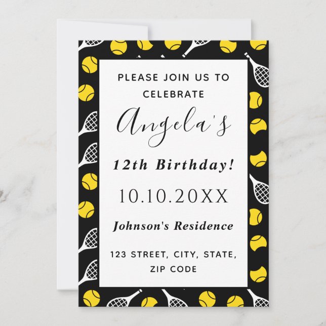 Tennis Racquet Ball Pattern Kids Birthday Party Invitation (Front)