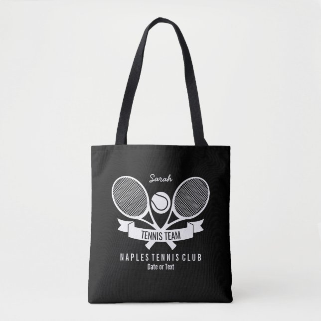 Tennis Racquet Ball Personalized Custom Black Logo Tote Bag (Front)